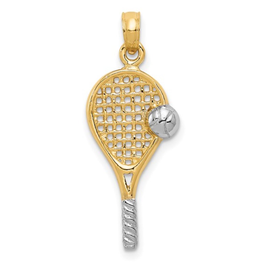 14k Yellow Gold W White Rhodium Tennis Racket Necklace Charm Pendant